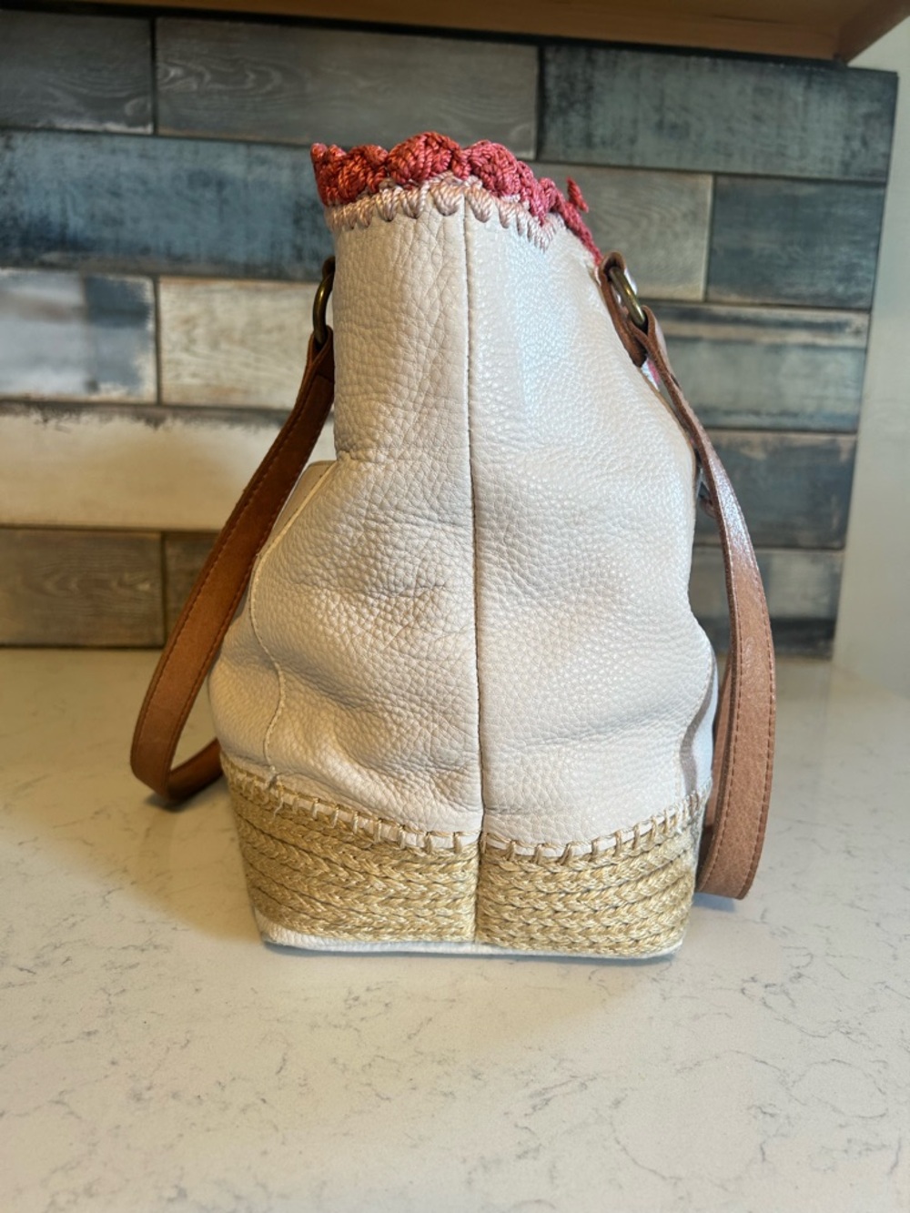 The Sak White Leather Shoulder Bag with Pink Embroidered Trim and Tan Braiding - Picture 9 of 16